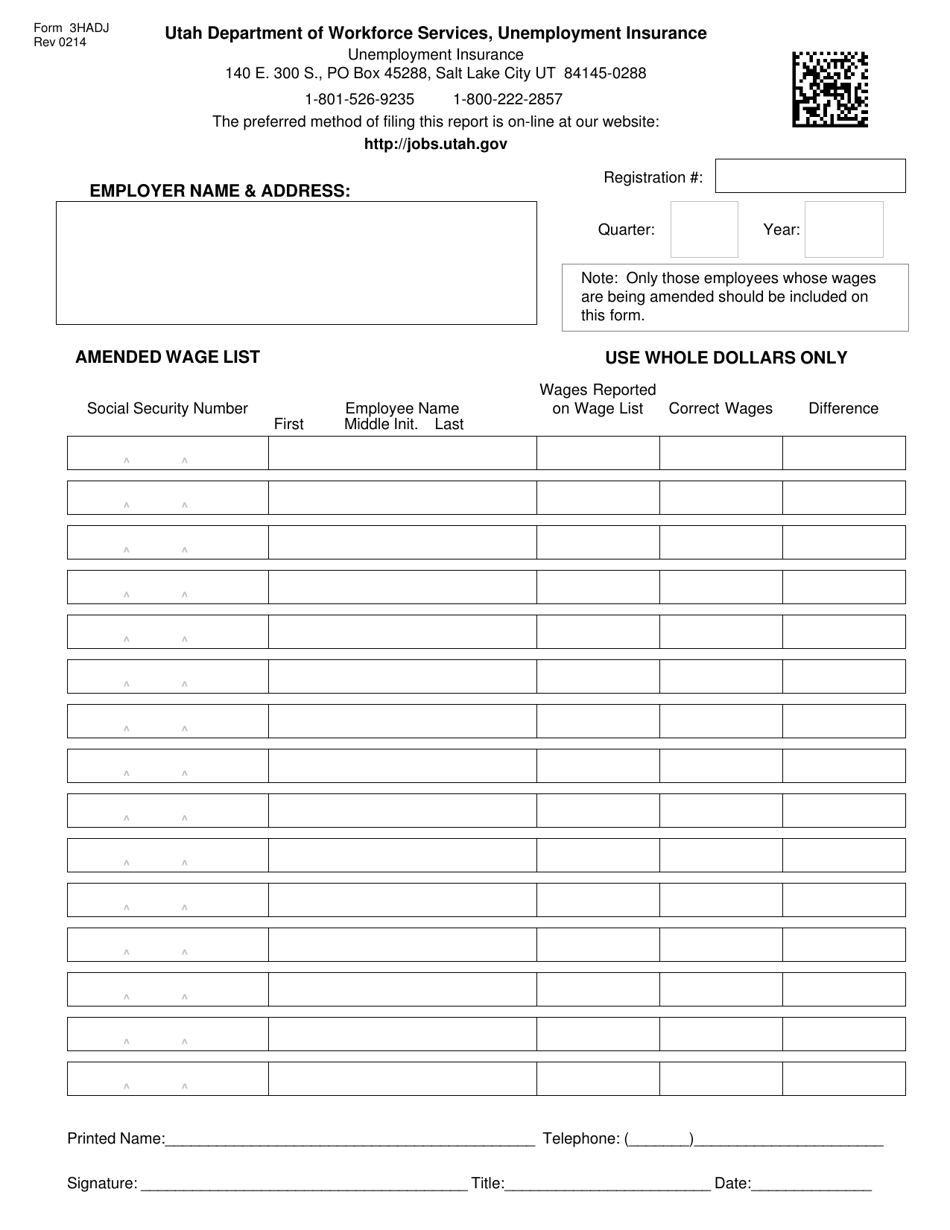 Form 3HADJ Amended Wage List - Utah, Page 1