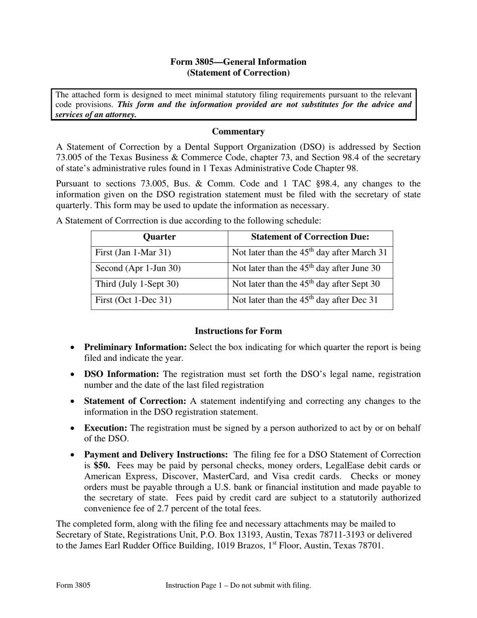 Form 3805 Dental Support Organization Statement of Correction - Texas, Page 1