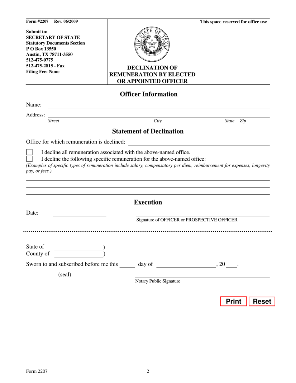 Form 2207 Declination of Remuneration by Elected or Appointed Officer - Texas, Page 2