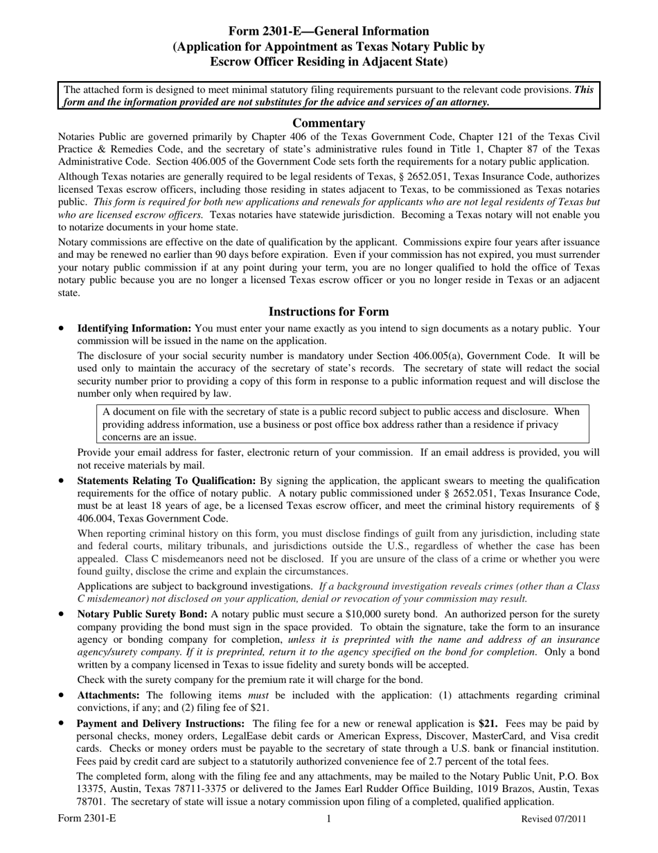 Form 2301-E Application for Appointment as Texas Notary Public by Escrow Officer Residing in Adjacent State - Texas, Page 1