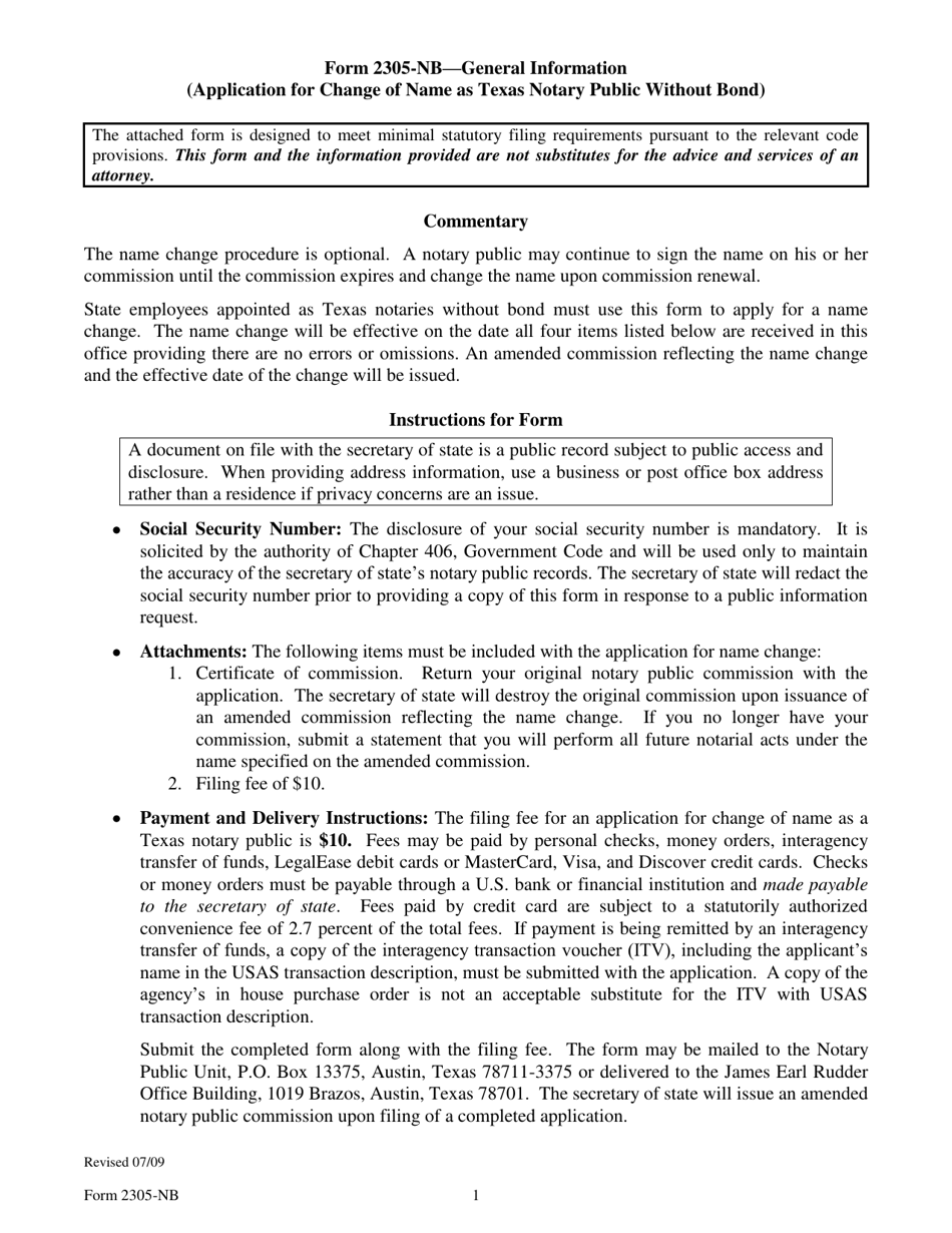 Form 2305-NB Application for Change of Name of Texas Notary Public Without Bond - Texas, Page 1