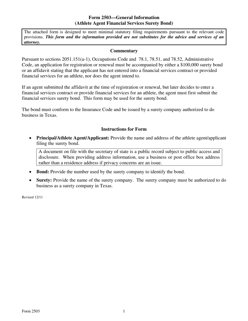 Form 2503 Athlete Agent Financial Services Surety Bond - Texas, Page 1