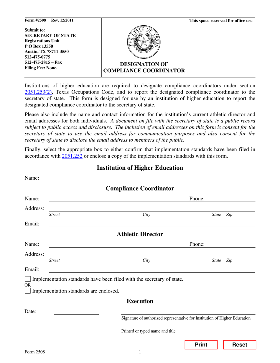 Form 2508 Designation of Compliance Coordinator - Texas, Page 1