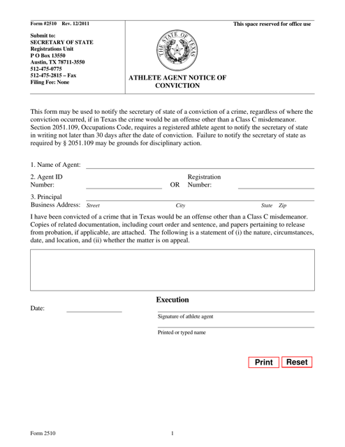 Form 2510 Athlete Agent Notice of Conviction - Texas