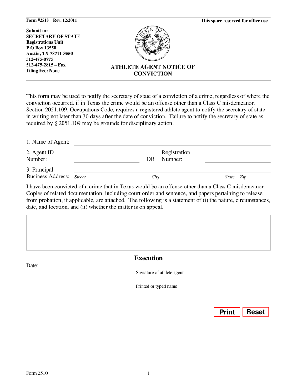 Form 2510 Athlete Agent Notice of Conviction - Texas, Page 1