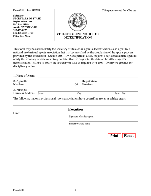 Form 2511 Athlete Agent Notice of Decertification - Texas