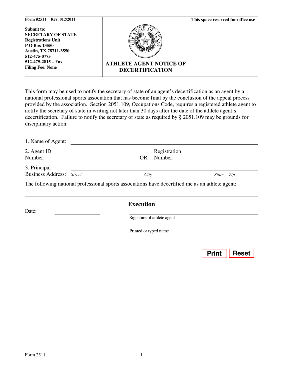 Form 2511 Athlete Agent Notice of Decertification - Texas, Page 1