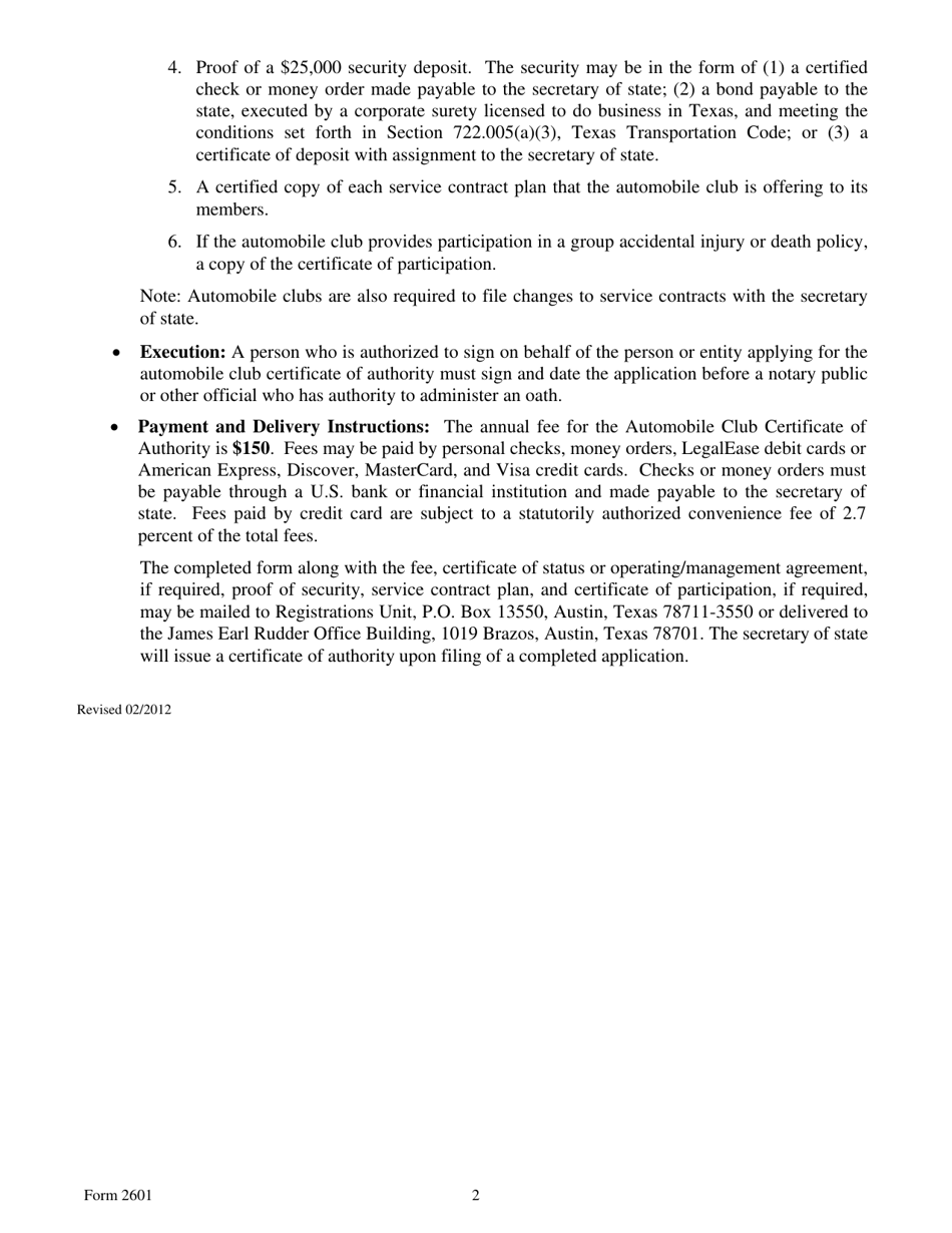 Form 2601 Automobile Club Certificate of Authority Application / Renewal - Texas, Page 2
