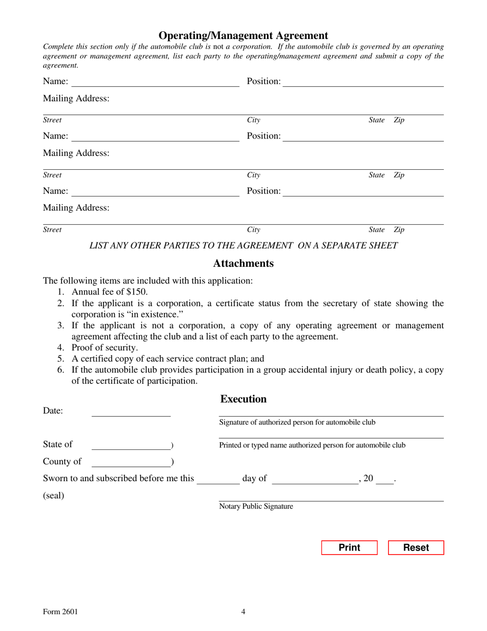 Form 2601 Automobile Club Certificate of Authority Application / Renewal - Texas, Page 4