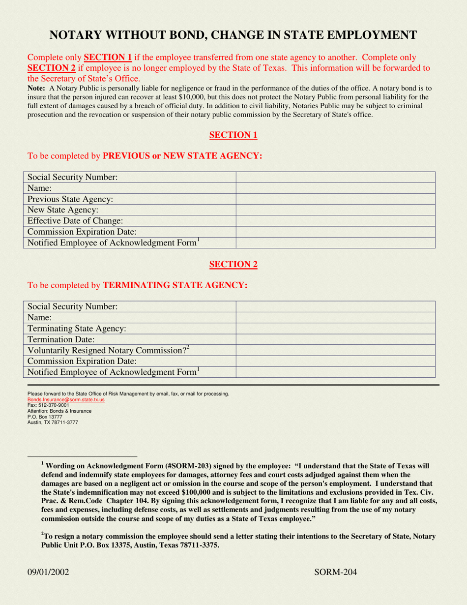 Form SORM-204 Notary Without Bond, Change in State Employment - Texas, Page 1