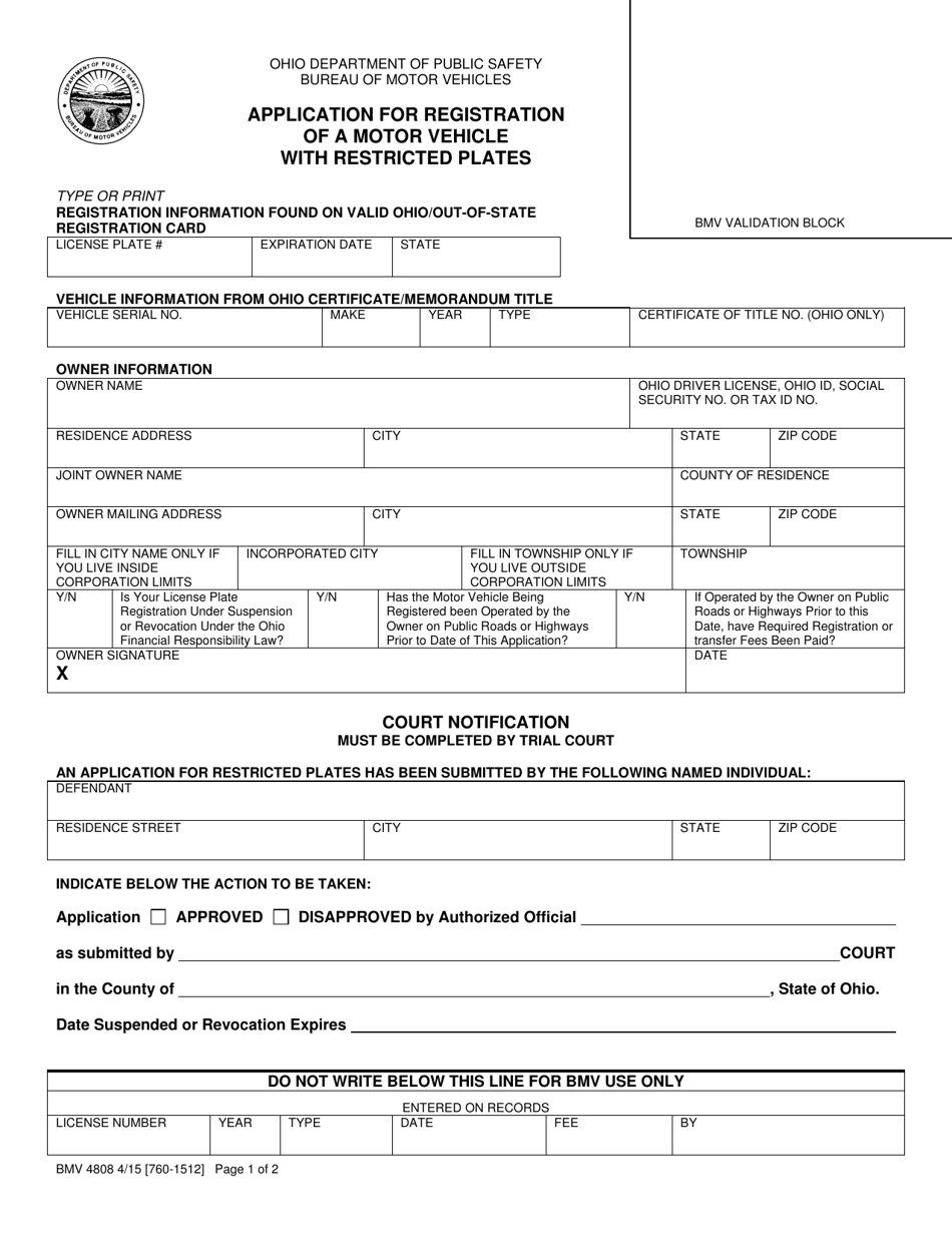 Form BMV4808 Application for a Registration of a Motor Vehicle With Restricted Plates - Ohio, Page 1