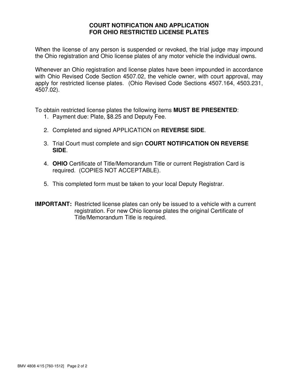 Form BMV4808 Application for a Registration of a Motor Vehicle With Restricted Plates - Ohio, Page 2