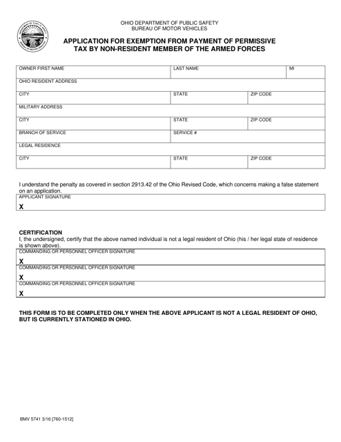 Form BMV5741 Application for Exemption From Payment of Permissive Tax by Non-resident Member of the Armed Forces - Ohio