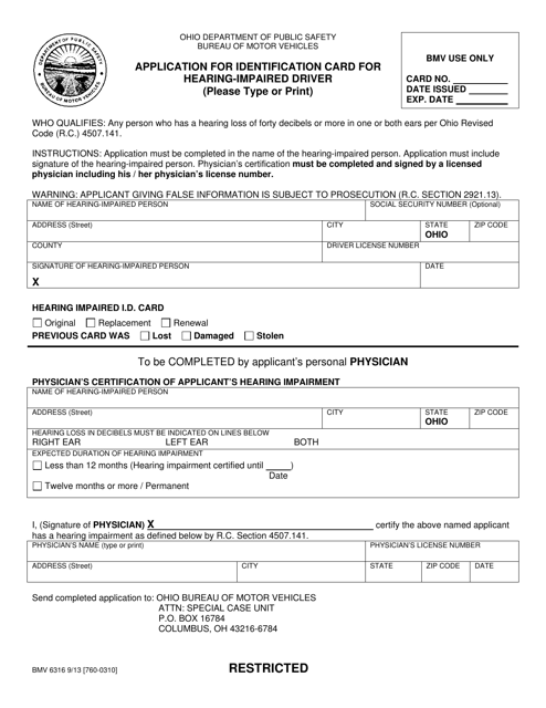 Form BMV6316 Application for an Identification Card for Hearing-Impaired Driver - Ohio