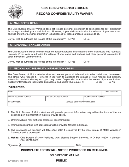 Form BMV2095 Record Confidentiality Waiver - Ohio