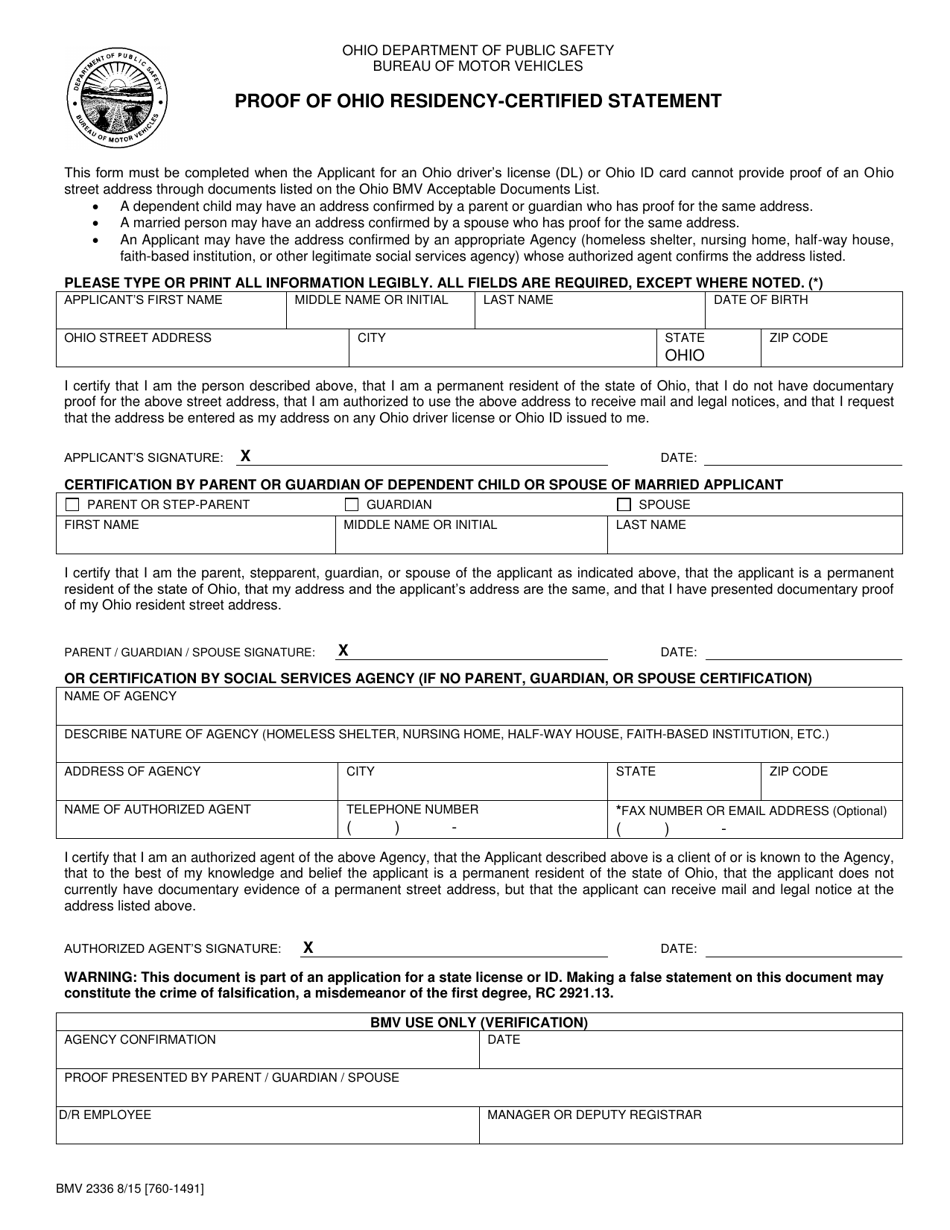 Form BMV2336 Proof of Ohio Residency-Certified Statement - Ohio, Page 1