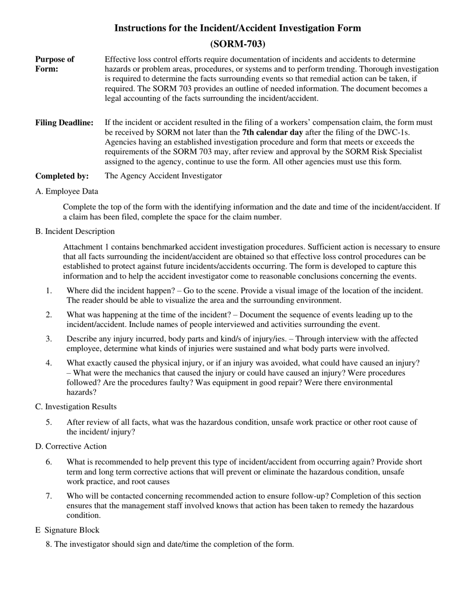 Form SORM-703 Incident / Accident Investigation Form - Texas, Page 1