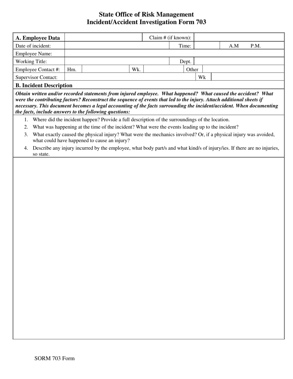 Form SORM-703 Incident / Accident Investigation Form - Texas, Page 3