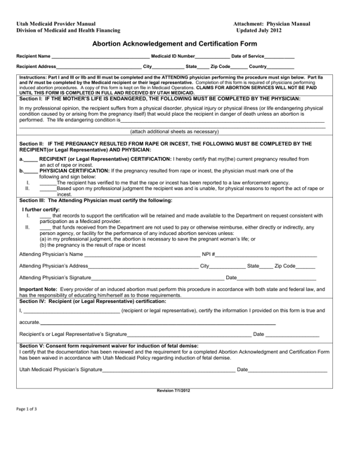 Abortion Acknowledgement and Certification Form - Utah Download Pdf