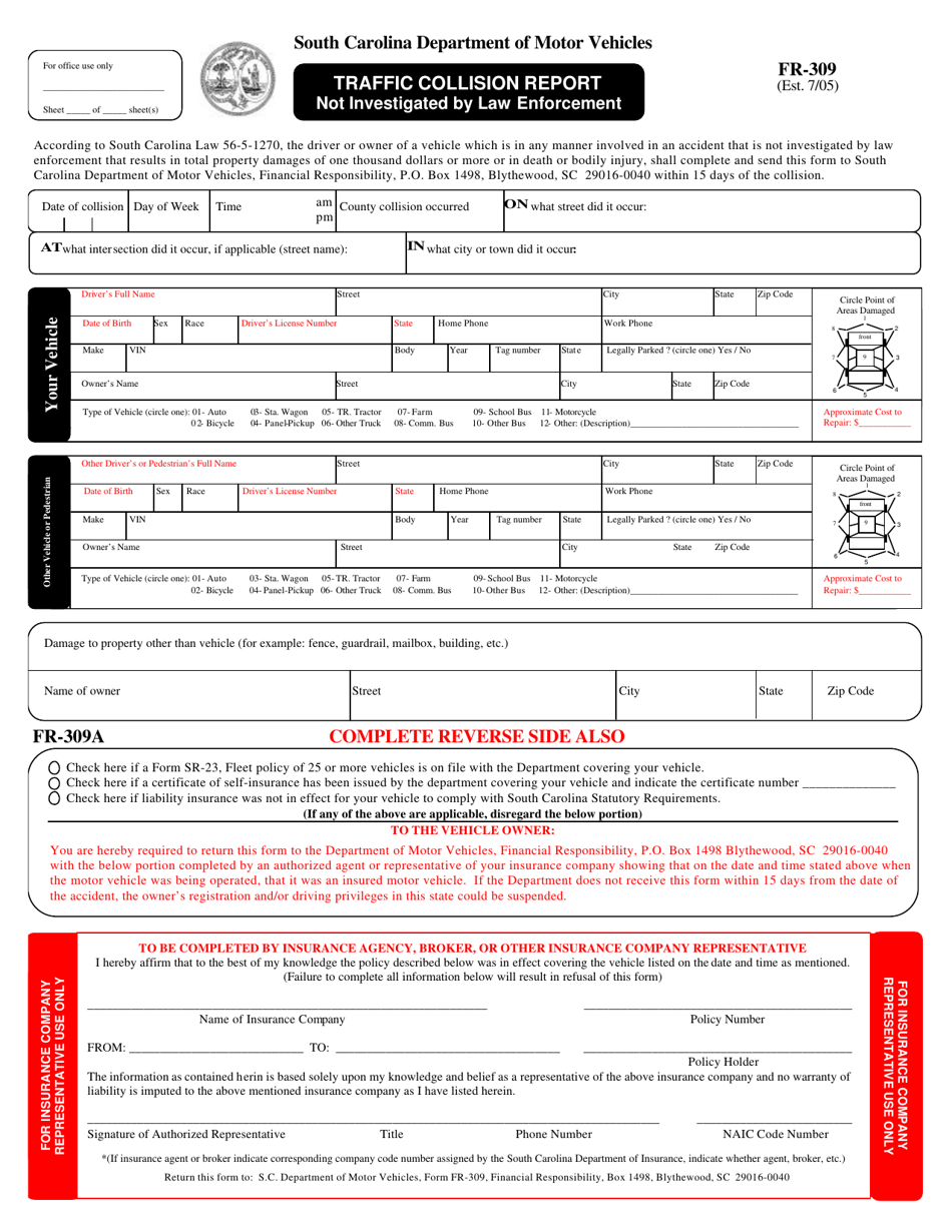 Form FR-309 Traffic Collision Report - South Carolina, Page 1