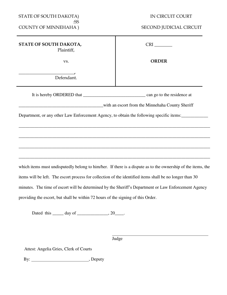 Order for Personal Belongings (Criminal) - South Dakota, Page 1