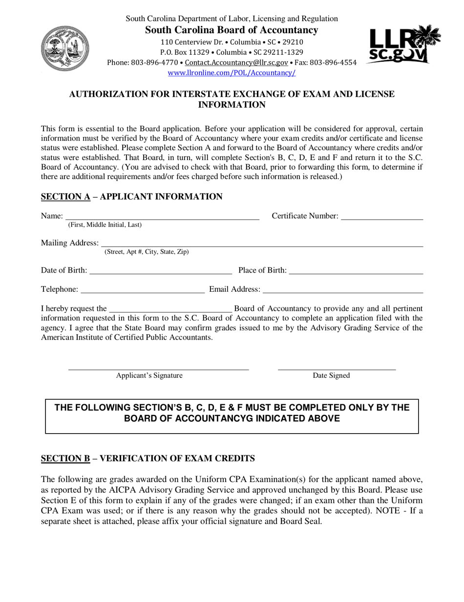 Authorization for Interstate Exchange of Exam and License Information - South Carolina, Page 1