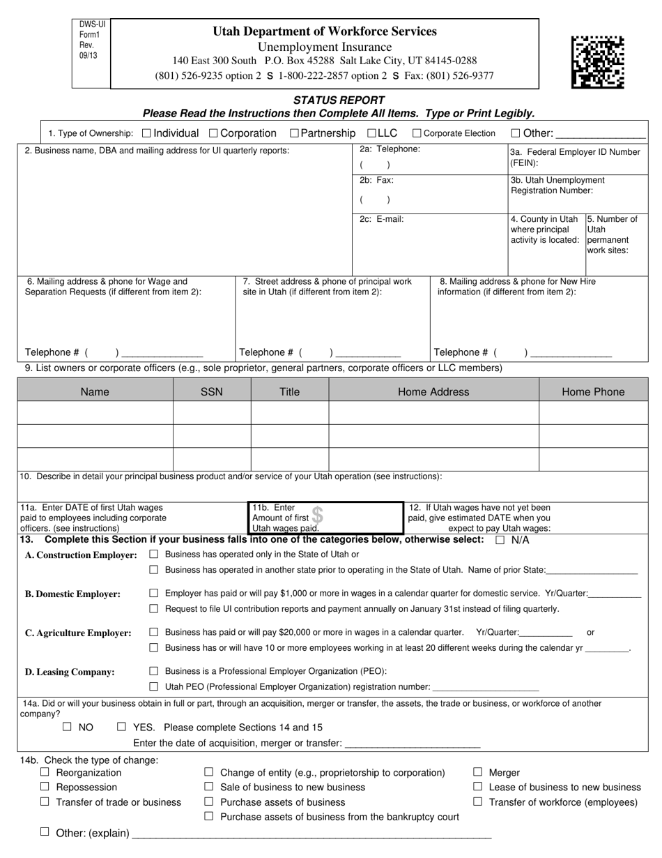 DWS-UI Form 1 Status Report - Utah, Page 1
