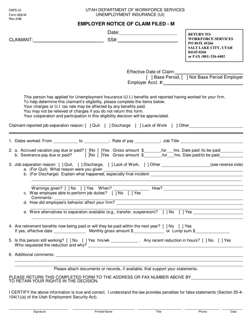 Form 606-M Employer Notice of Claim Filed - M - Utah