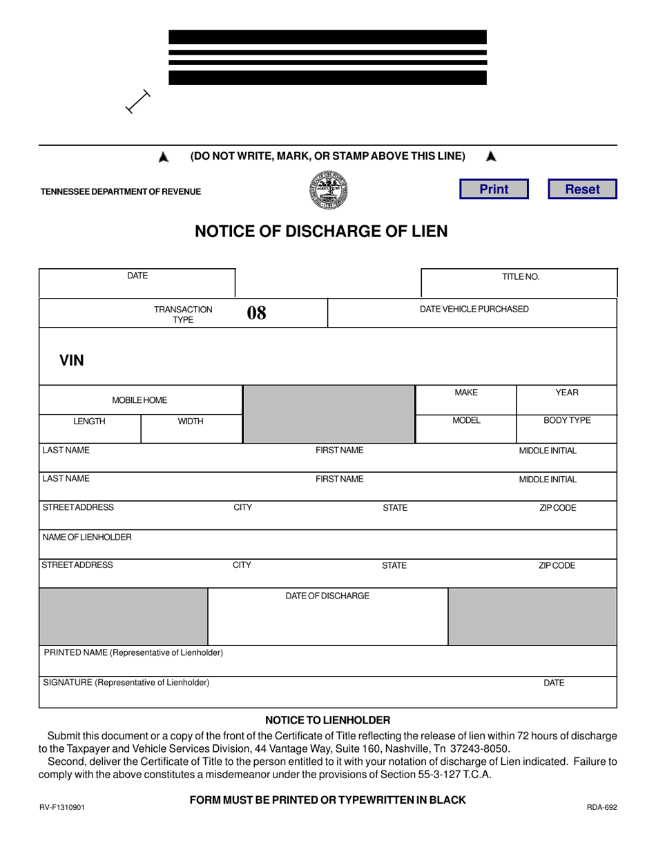Form RV-F1310901 Notice of Discharge of Lien - Tennessee, Page 1
