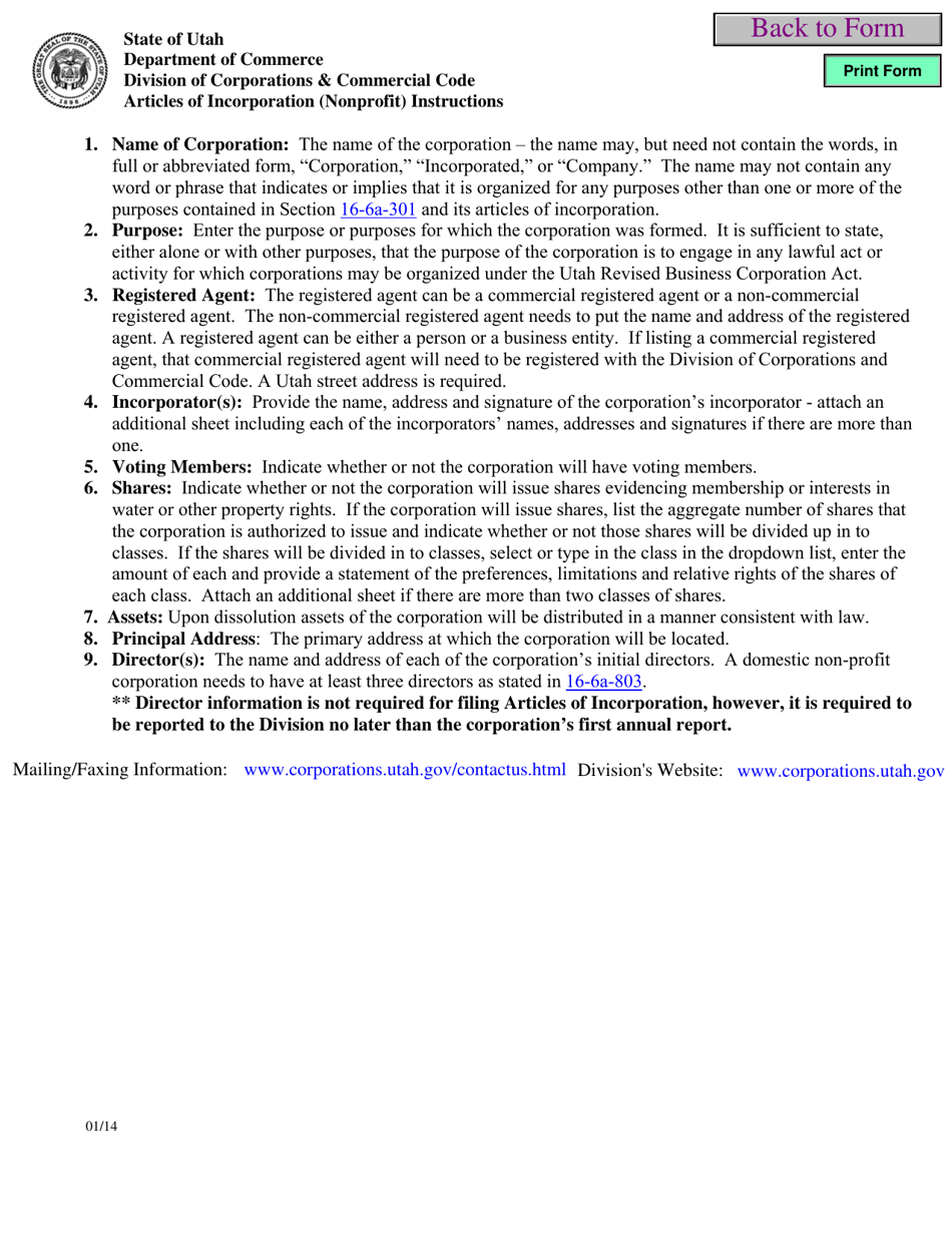 Instructions for Articles of Incorporation (Nonprofit) - Utah, Page 1