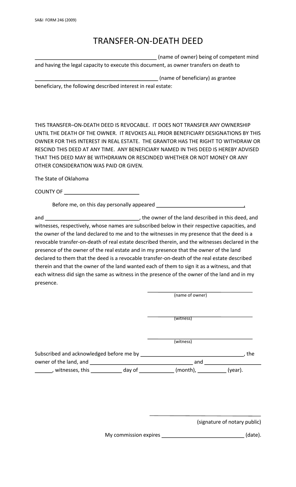 OSAI Form 246 Transfer-On-Death Deed - Oklahoma, Page 1