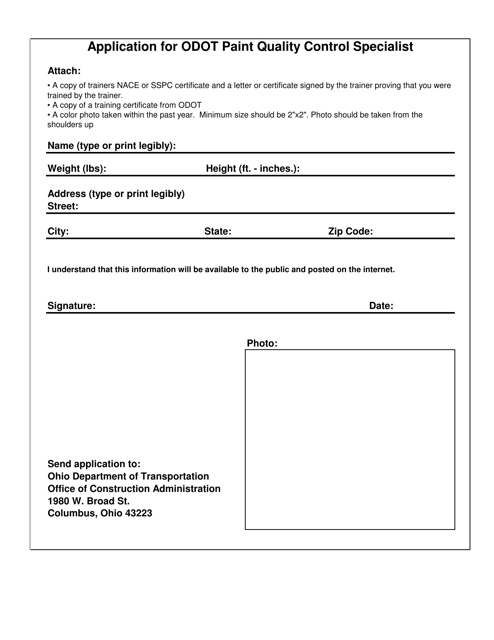 Application for Odot Paint Quality Control Specialist - Ohio