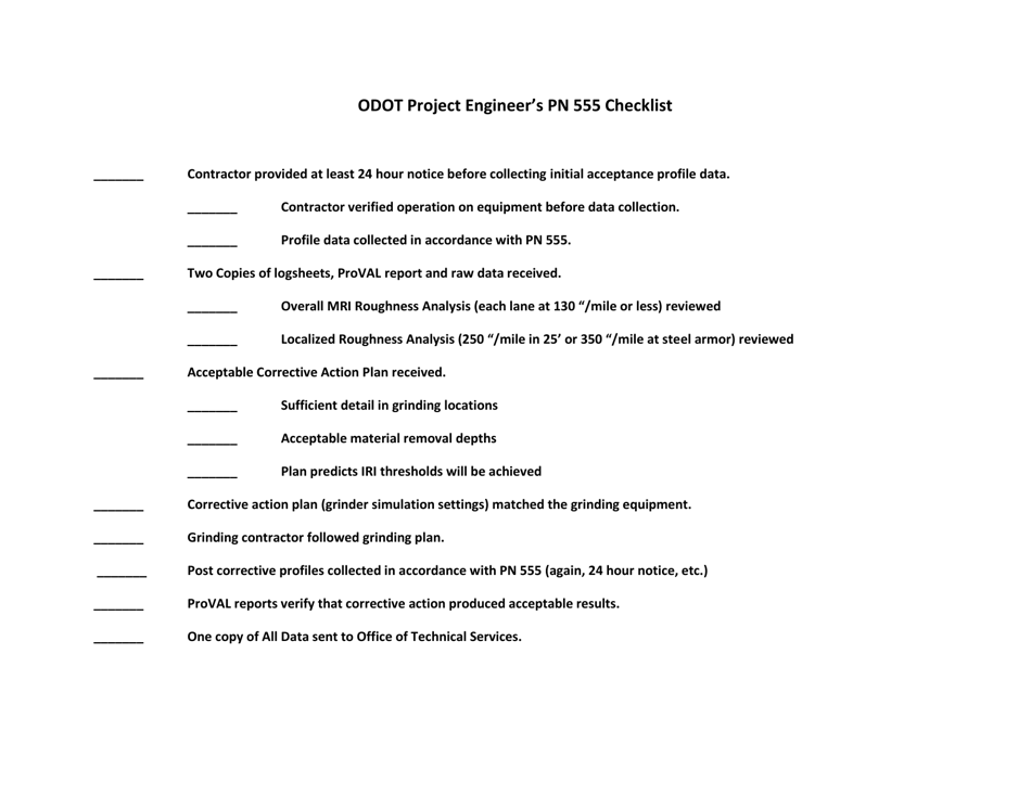 Odot Project Engineers Pn 555 Checklist - Ohio, Page 1