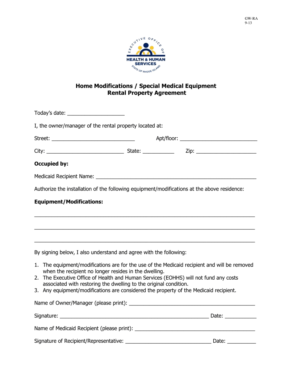 Form GW-RA Rental Property Agreement - Authorization for Home Modifications / Special Equipment - Rhode Island, Page 1