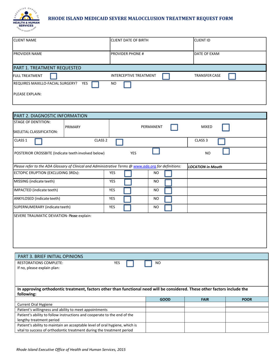 Severe Malocclusion Treatment Request Form - Rhode Island, Page 1