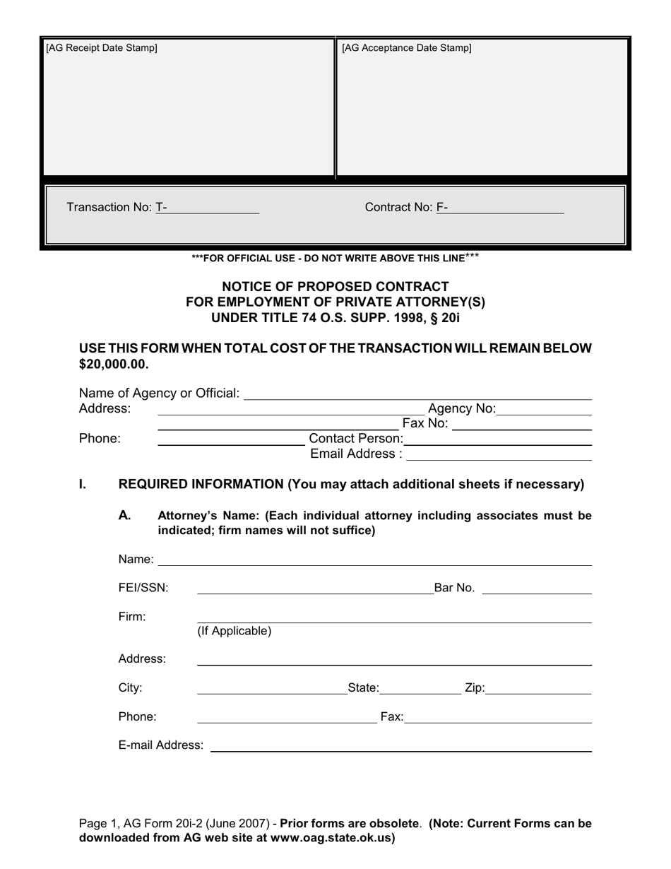 AG Form 20I-2 Notice of Proposed Contract for Employment of Private Attorney(S) Under Title 74 O.s. Supp. 1998, 20i - Oklahoma, Page 1