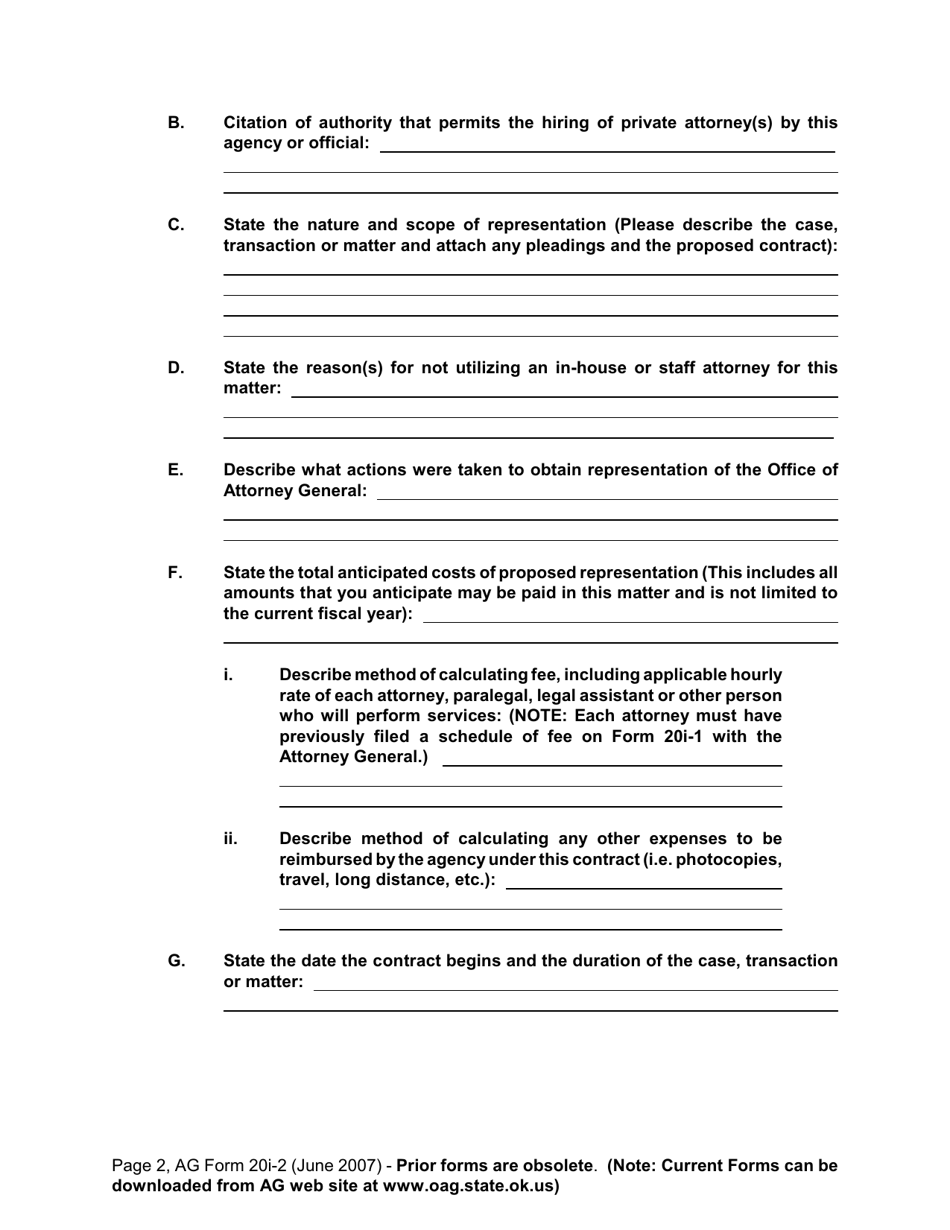 AG Form 20I-2 Notice of Proposed Contract for Employment of Private Attorney(S) Under Title 74 O.s. Supp. 1998, 20i - Oklahoma, Page 2
