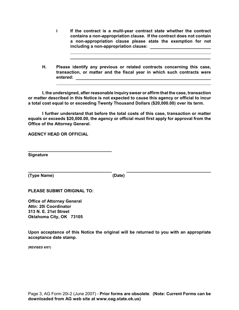 AG Form 20I-2 Notice of Proposed Contract for Employment of Private Attorney(S) Under Title 74 O.s. Supp. 1998, 20i - Oklahoma, Page 3