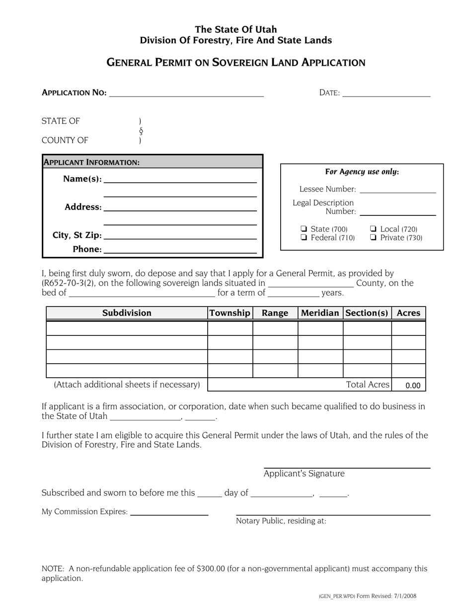 Utah General Permit on Sovereign Land Application Fill Out, Sign
