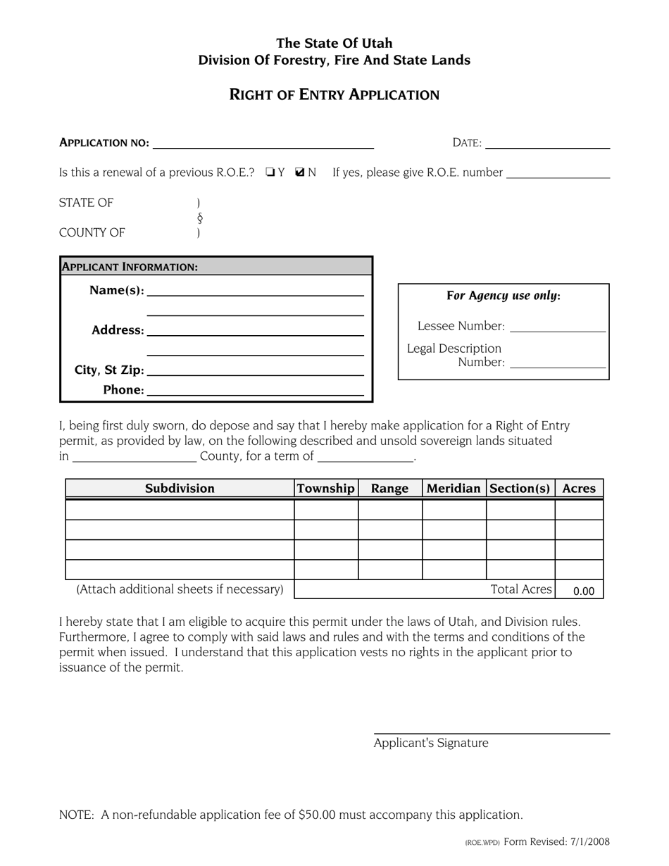 Right of Entry Application - Utah, Page 1