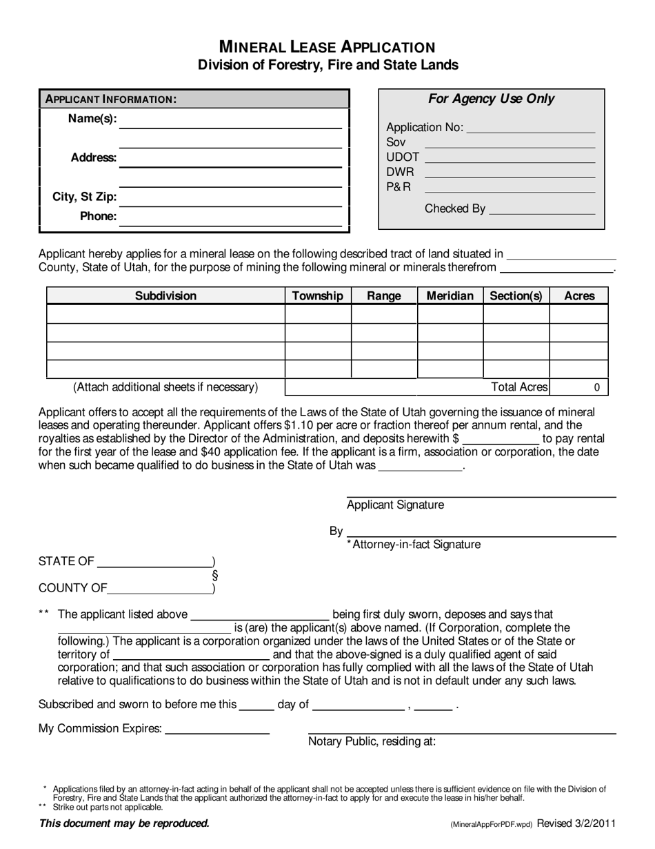 Mineral Lease Application - Utah, Page 1