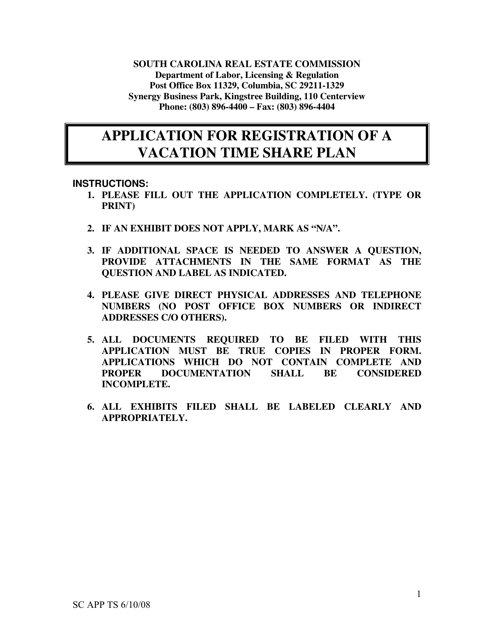 Application for Registration of a Vacation Time Share Plan - South Carolina Download Pdf