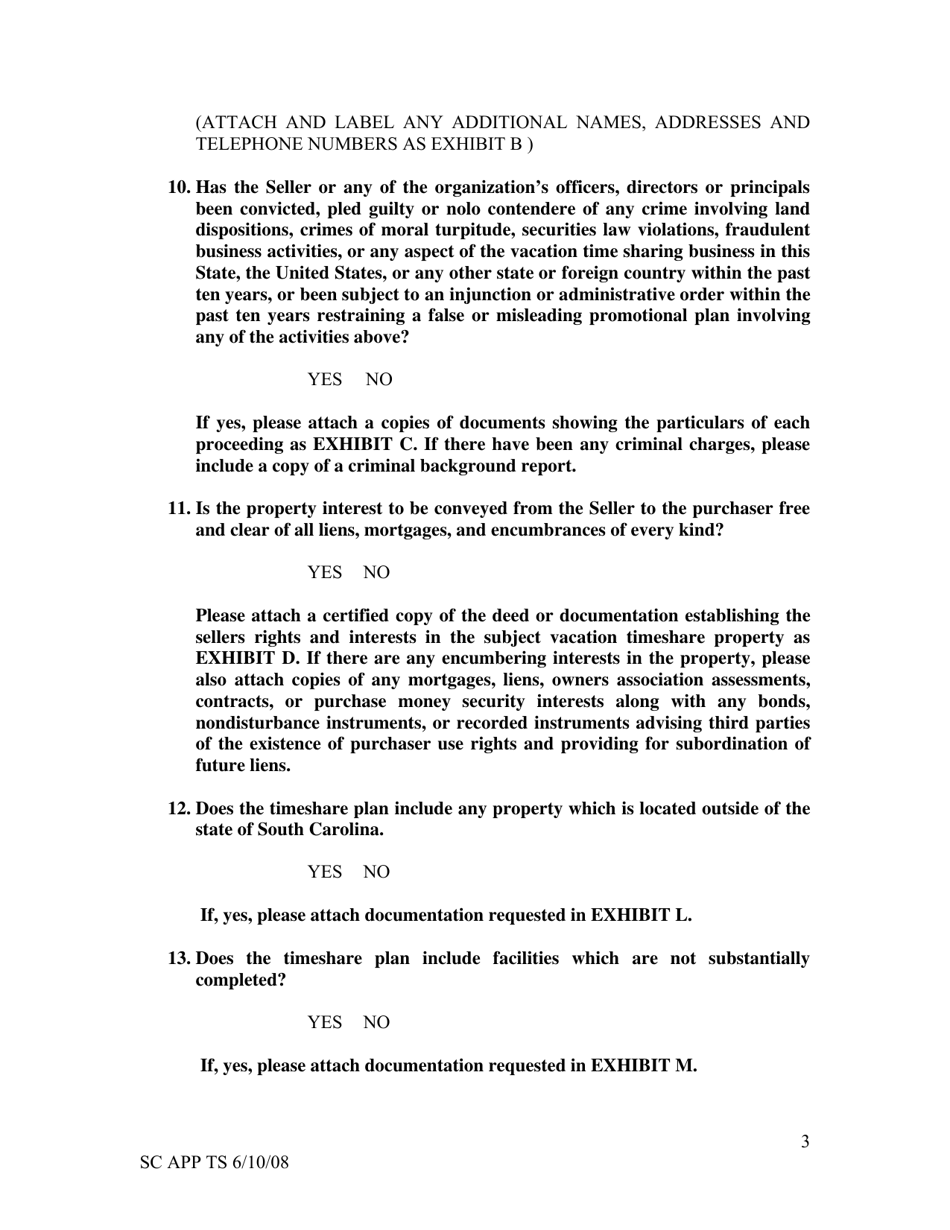 Application for Registration of a Vacation Time Share Plan - South Carolina, Page 3