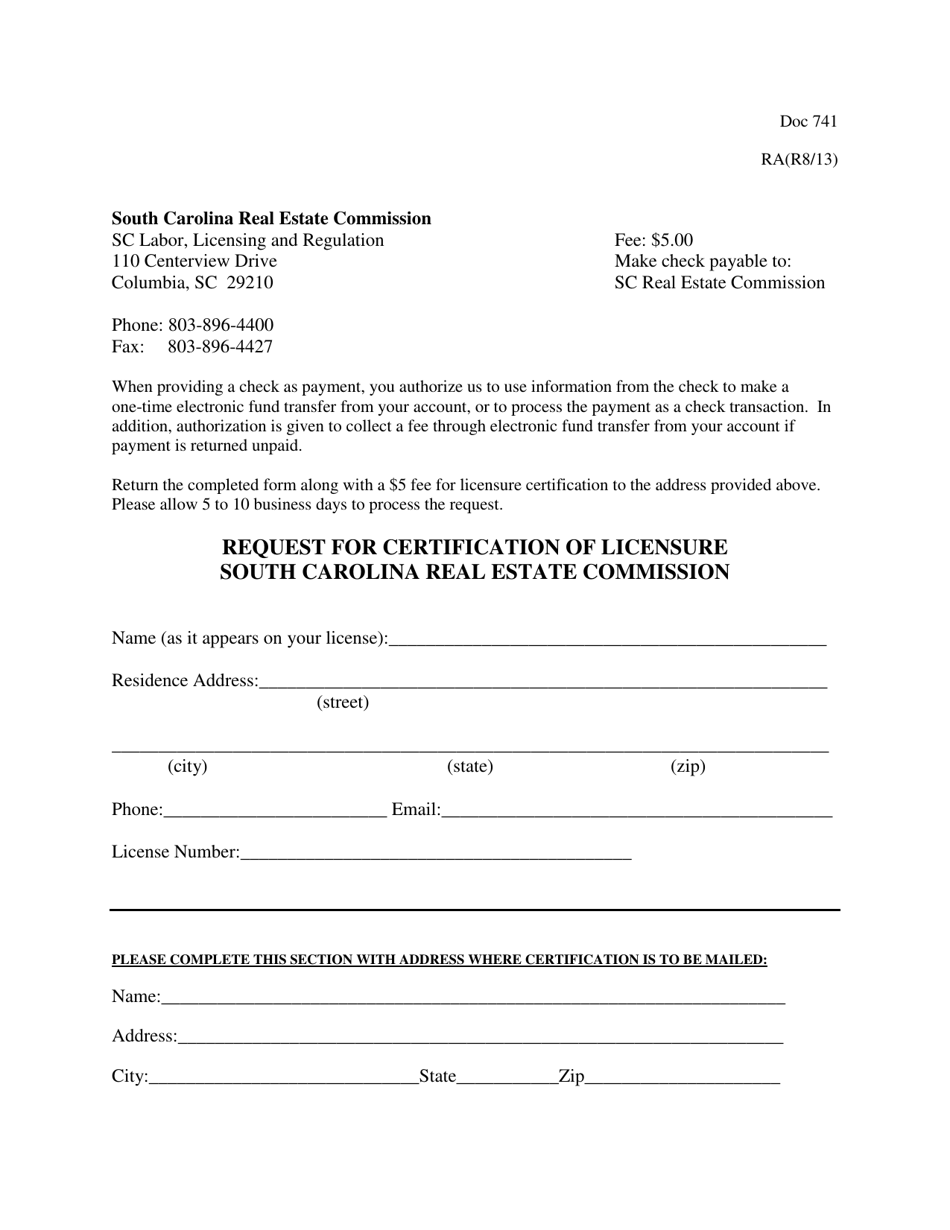 Form DOC741 Request for Certification of Licensure - South Carolina, Page 1