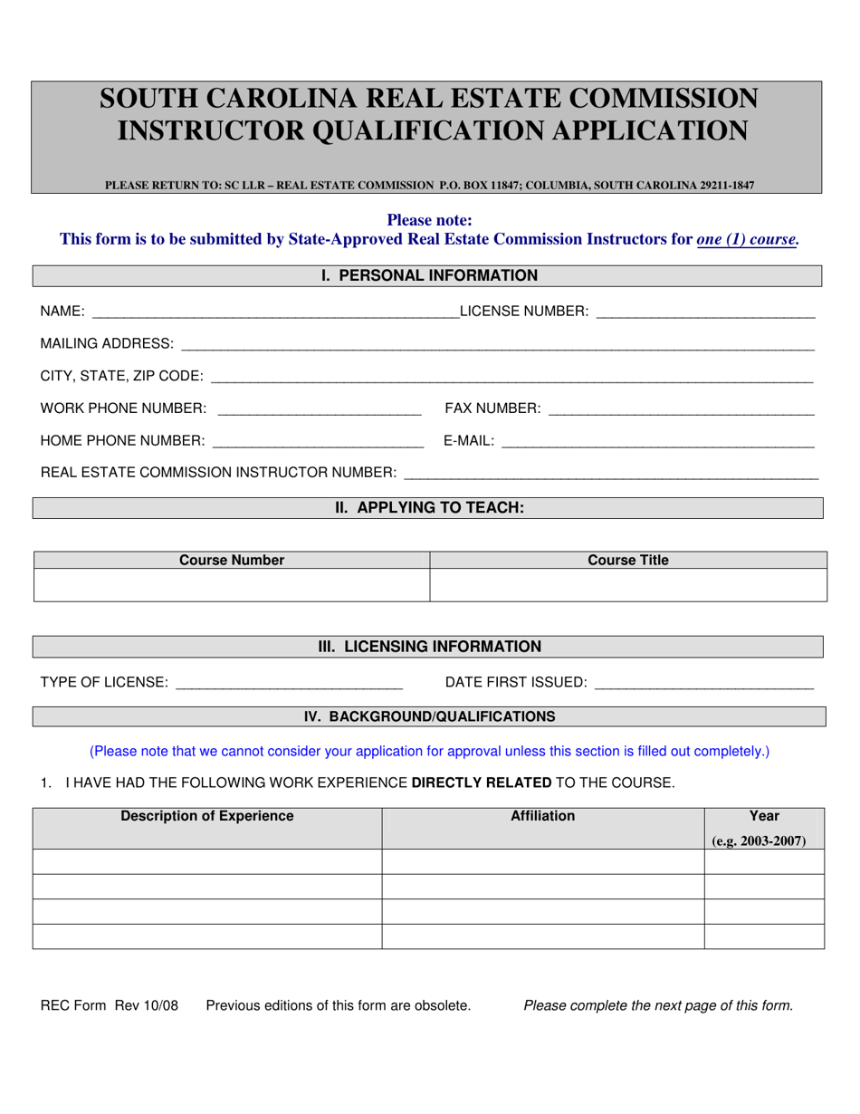 Real Estate Instructor Qualification Application - South Carolina, Page 1