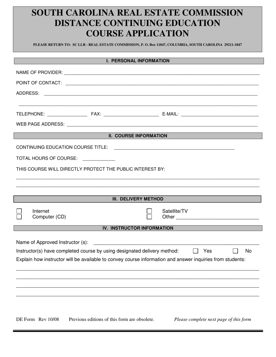 Distance Continuing Education Course Application - South Carolina, Page 1
