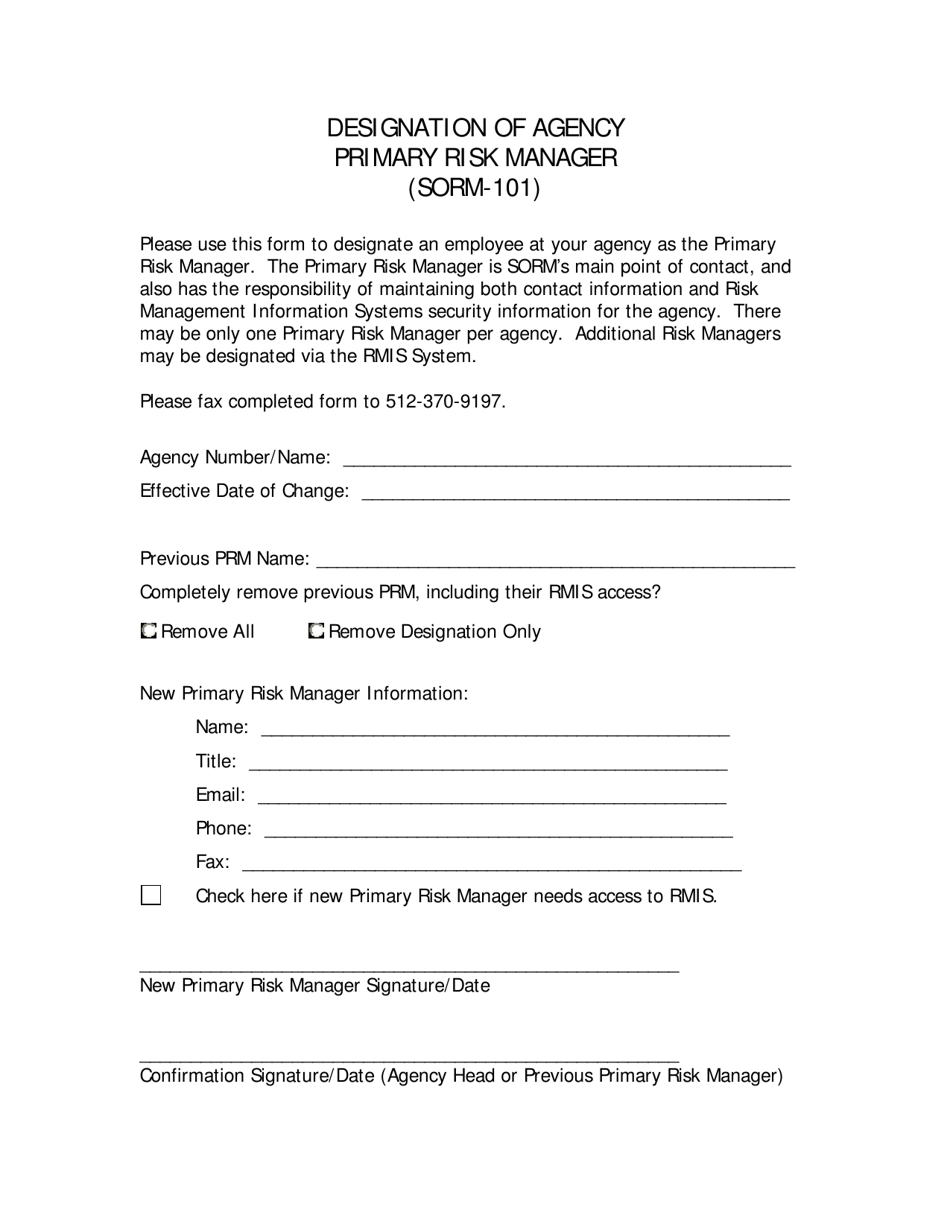 Form SORM-101 Designation of Agency Primary Risk Manager - Texas, Page 1