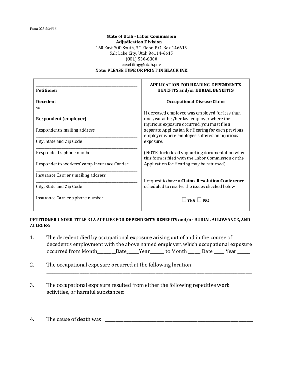 Form 027 Occupational Disease Claim - Utah, Page 1