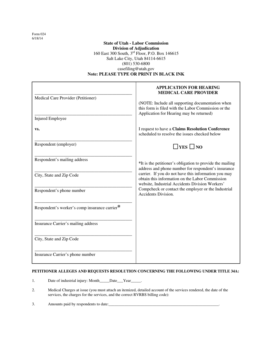 Form 024 Application for Hearing Medical Care Provider - Utah, Page 1