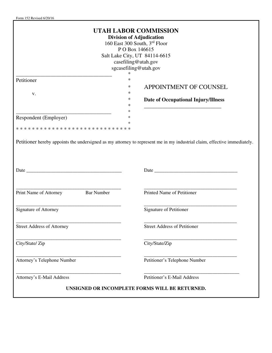 Form 152 Appointment of Counsel - Utah, Page 1